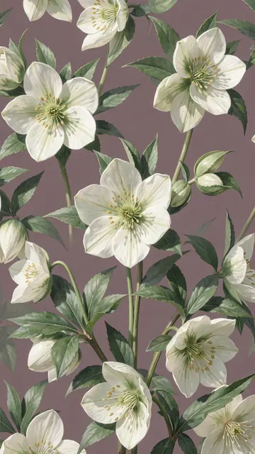 Soft painted arrangement of green-tinged white hellebore flowers on a dusky mauve background