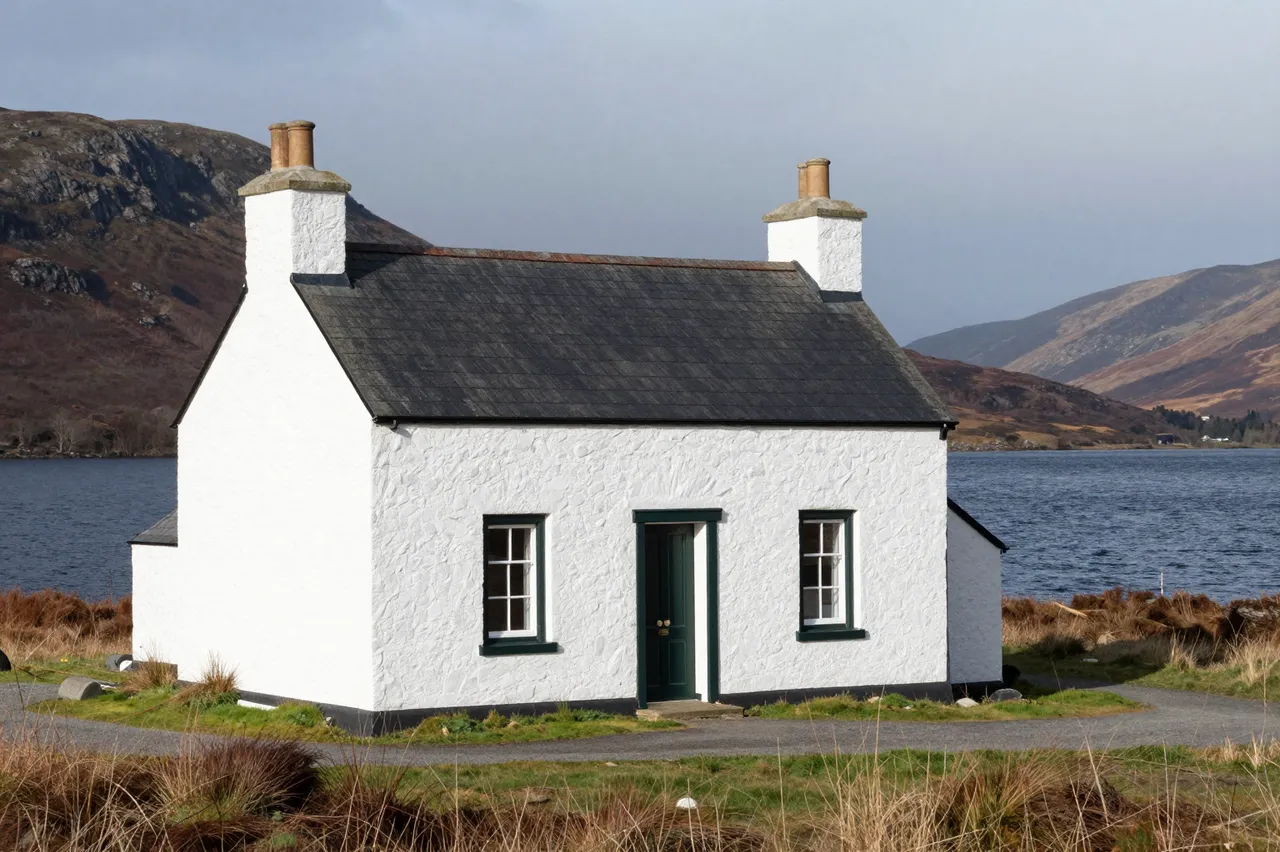 A whitewashed stone cottage sits on the shore of a Scottish highland loch beneath rolling moorland hills.