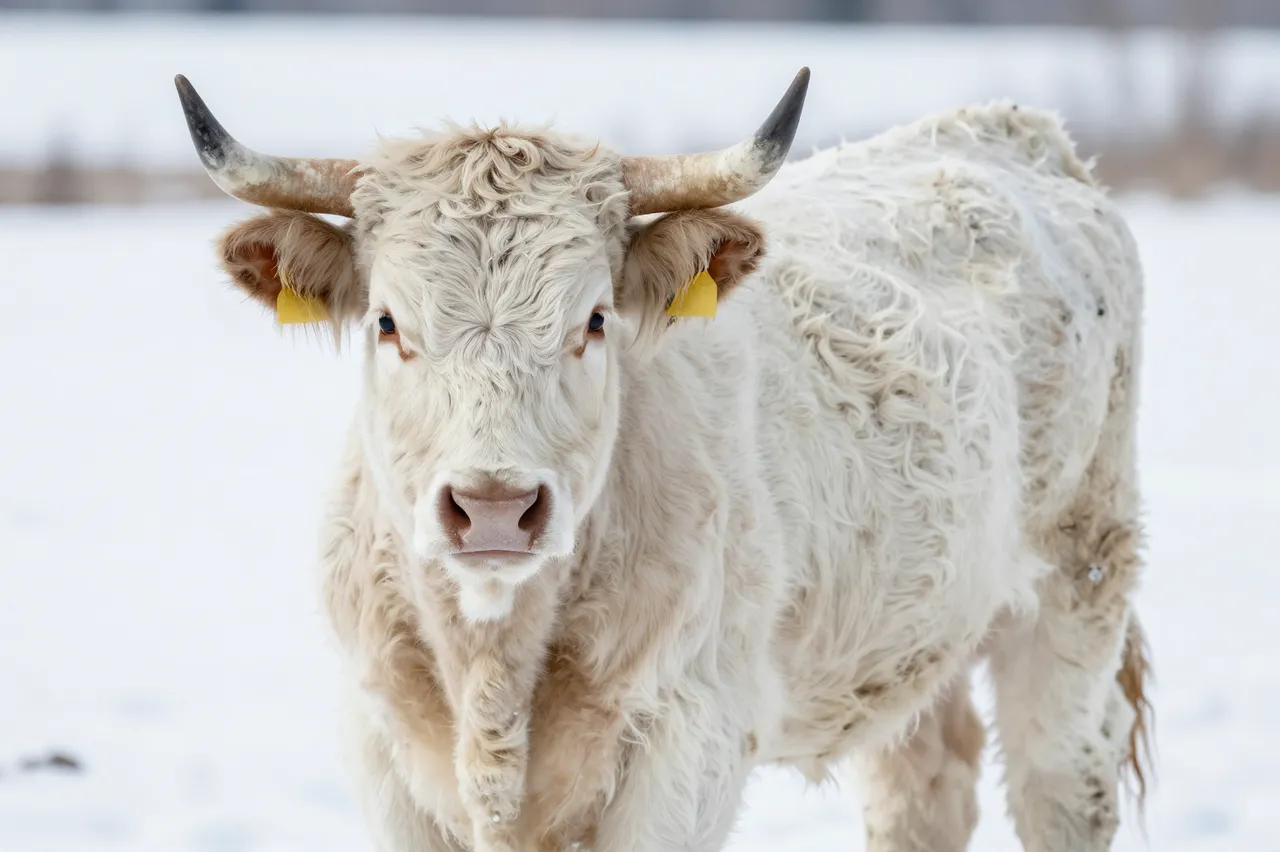 A fluffy white highland cow stands facing the camera in a snowy winter field.