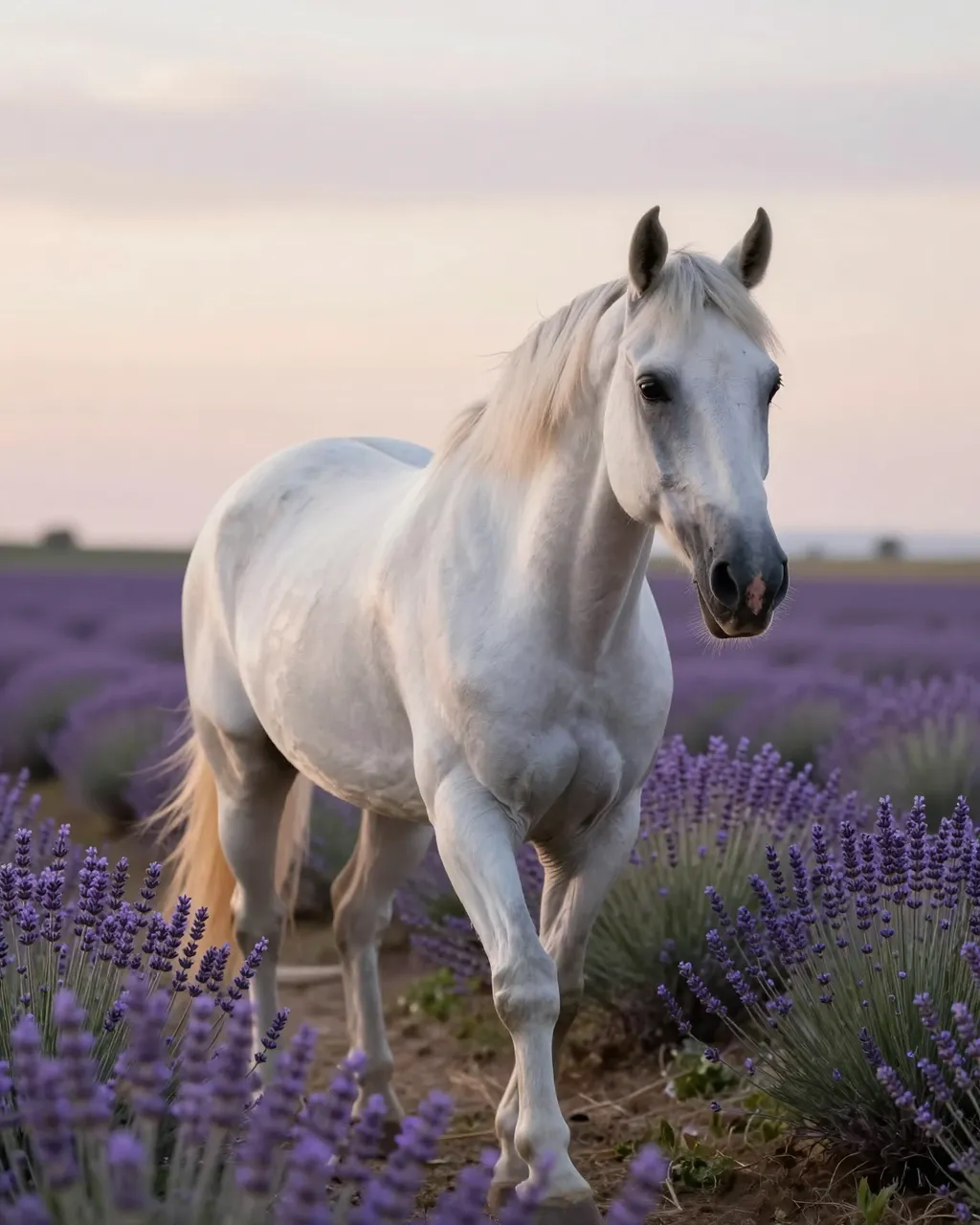 A white horse walks between rows of purple lavender during soft sunset light