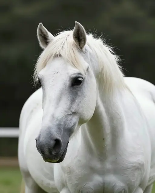 A close-up portrait of a white horse with a flowing pale mane against a blurred green background.