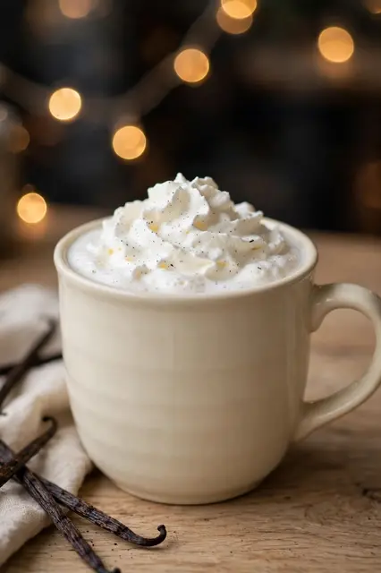 A cream ceramic mug of white hot chocolate topped with whipped cream and vanilla flecks sits on a wooden table with blurred