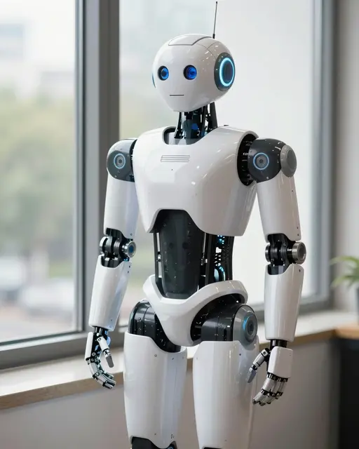 Glossy white humanoid robot with blue accent lights stands beside an interior window in soft daylight