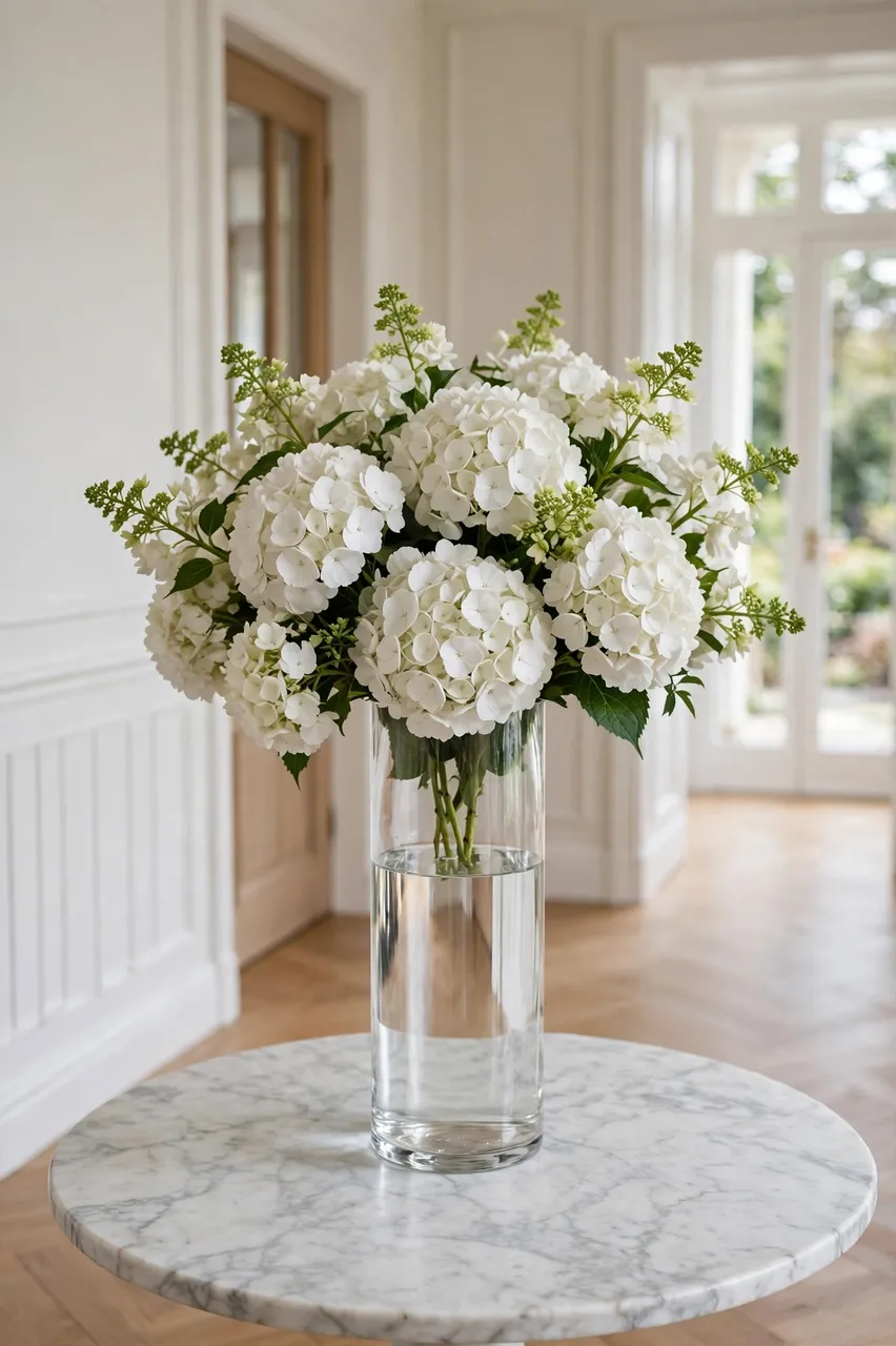 A lush white hydrangea bouquet in a tall clear glass vase sits on a round marble side table in a bright sunlit hallway