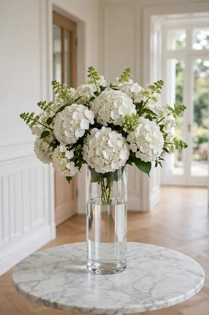 A lush white hydrangea bouquet in a tall clear glass vase sits on a round marble side table in a bright sunlit hallway