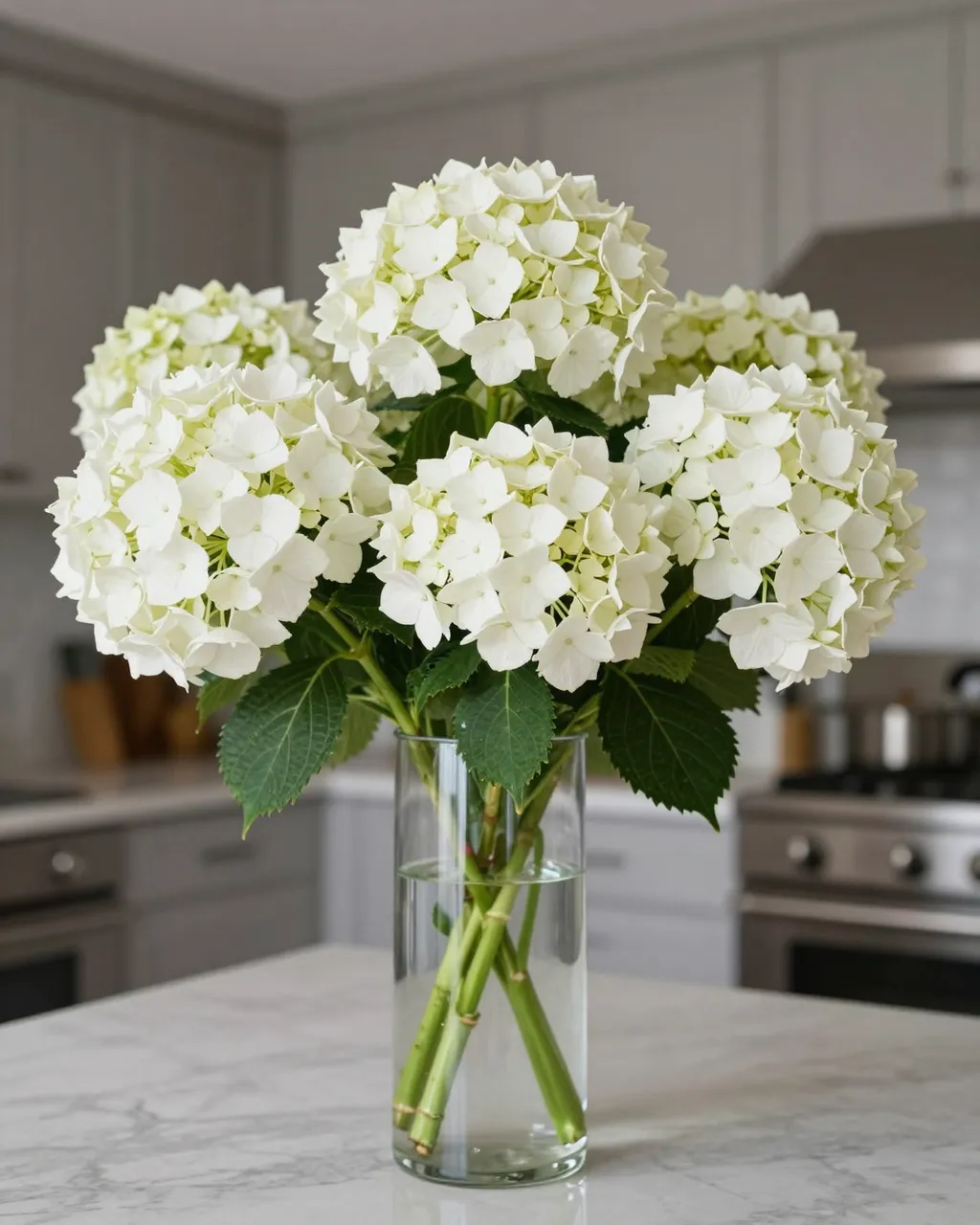 Bouquet of large white hydrangea heads in a tall clear glass vase sits on a marble kitchen island in bright daylight.