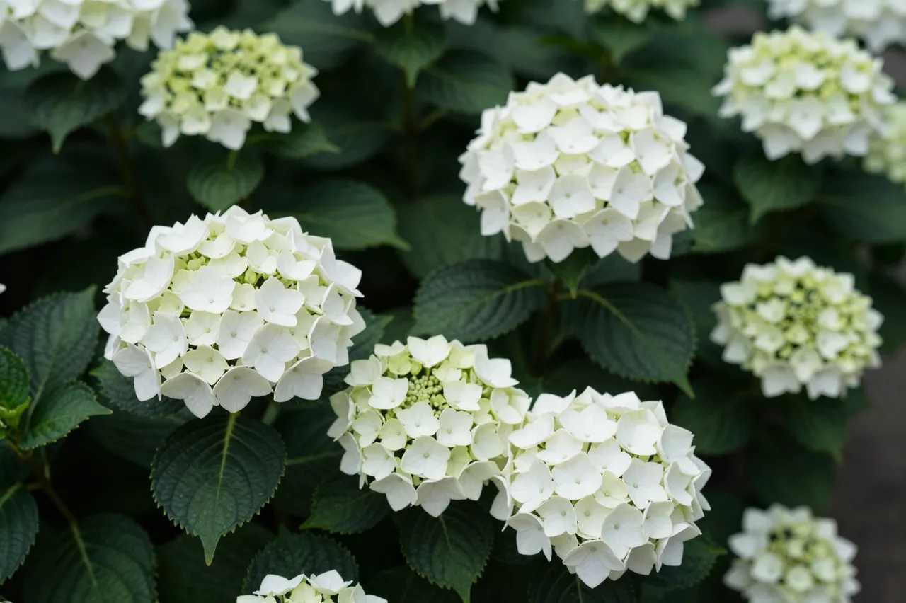 Clusters of crisp white hydrangea blooms sit against deep dark green serrated foliage