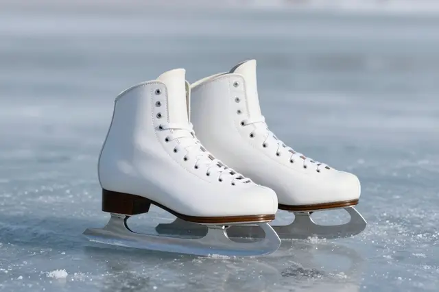 A pair of white figure skates rests on the smooth surface of a frozen outdoor pond in bright daylight