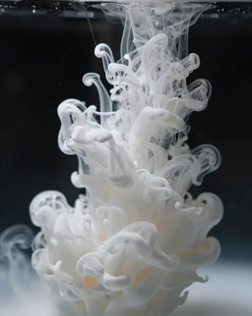 Swirling delicate white ink blooms and disperses through dark still water against a deep black background