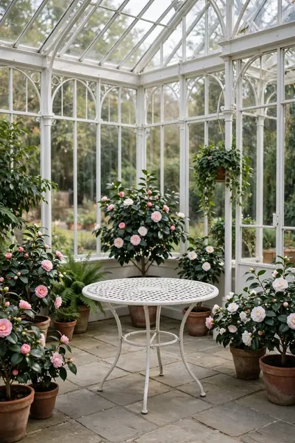 Potted camellias surround a round white bistro table inside a white iron frame conservatory with stone paving