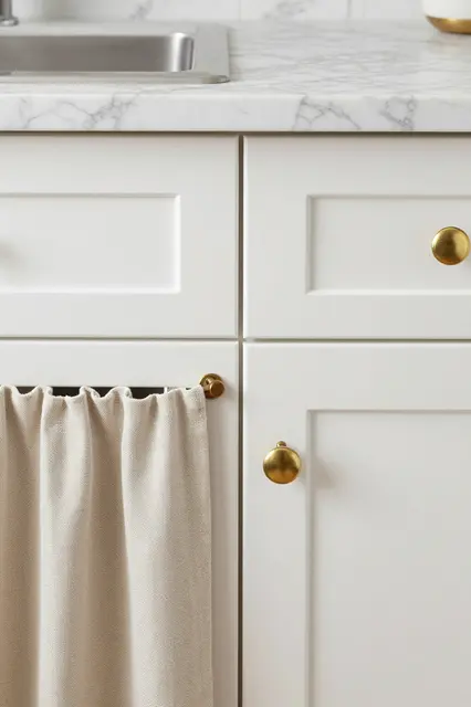 Close-up of white kitchen cabinets with brass knobs, marble counter, and linen sink curtain