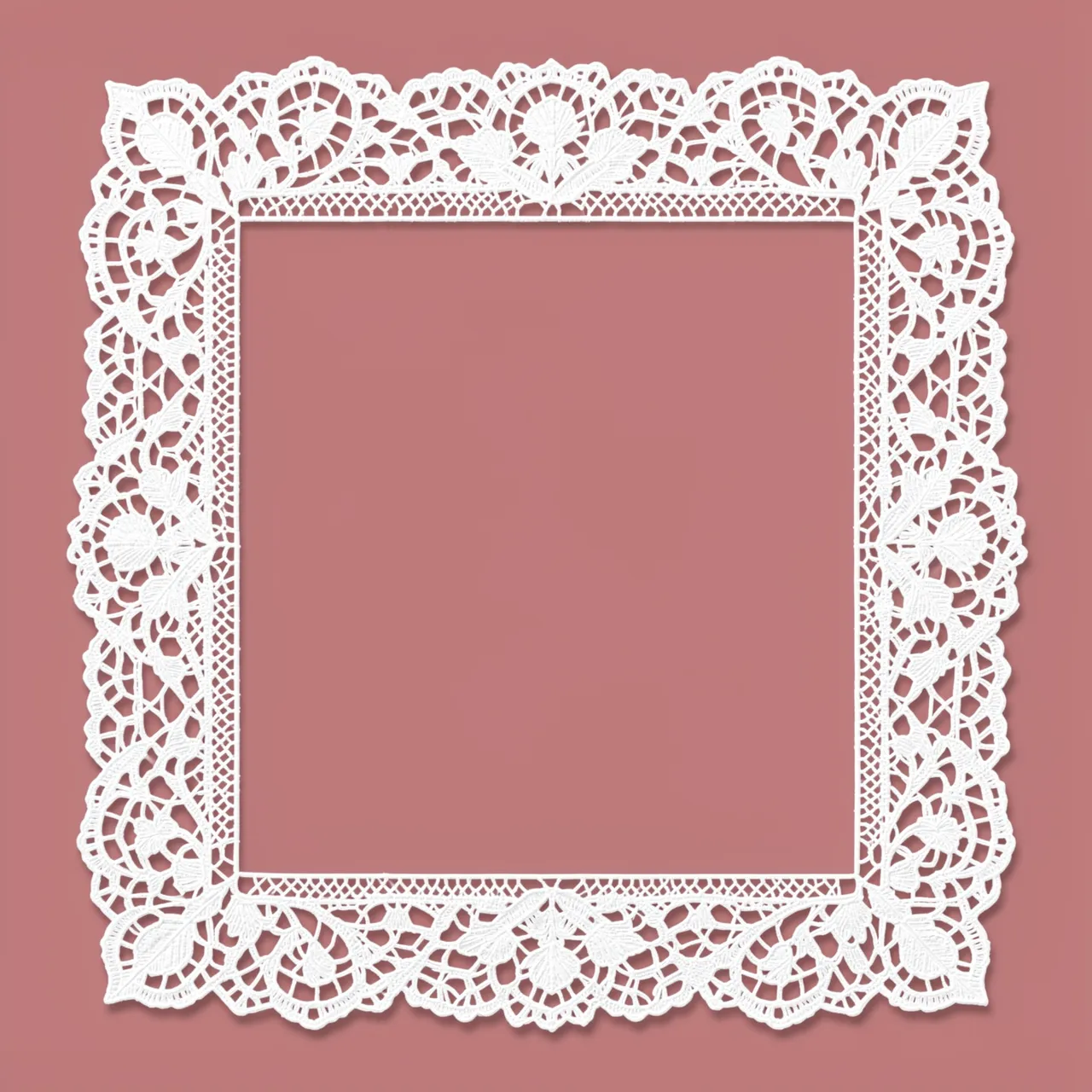 An ornate square white doily lace frame sits centered on a solid dusty pink background with an empty inner copy space.