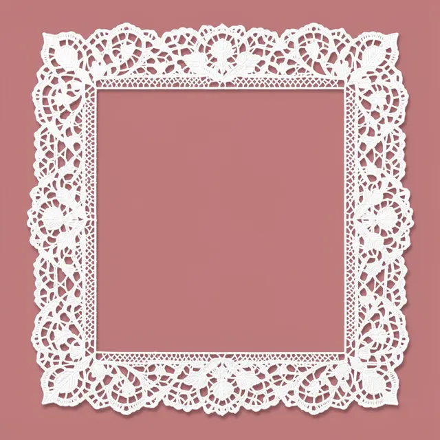 An ornate square white doily lace frame sits centered on a solid dusty pink background with an empty inner copy space.