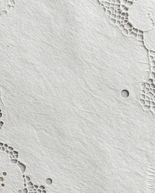 Close-up full frame of textured white lace paper with delicate holes and wispy natural fibers