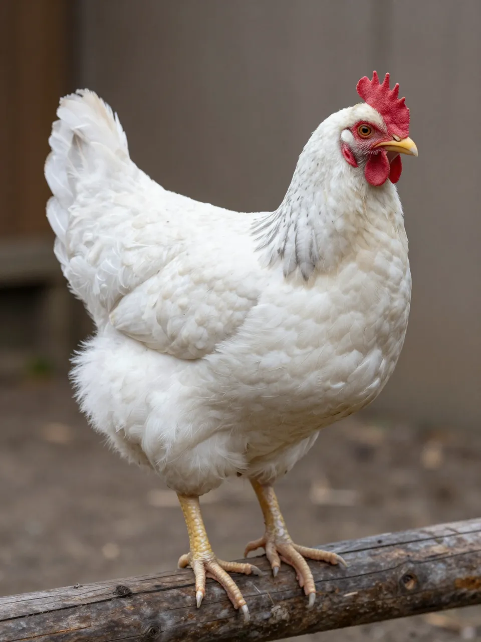A white leghorn hen stands perched on a weathered wooden roost with a blurred coop background