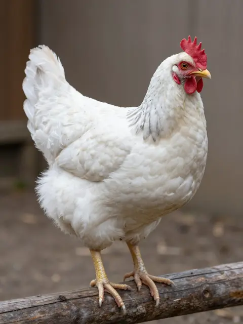 A white leghorn hen stands perched on a weathered wooden roost with a blurred coop background
