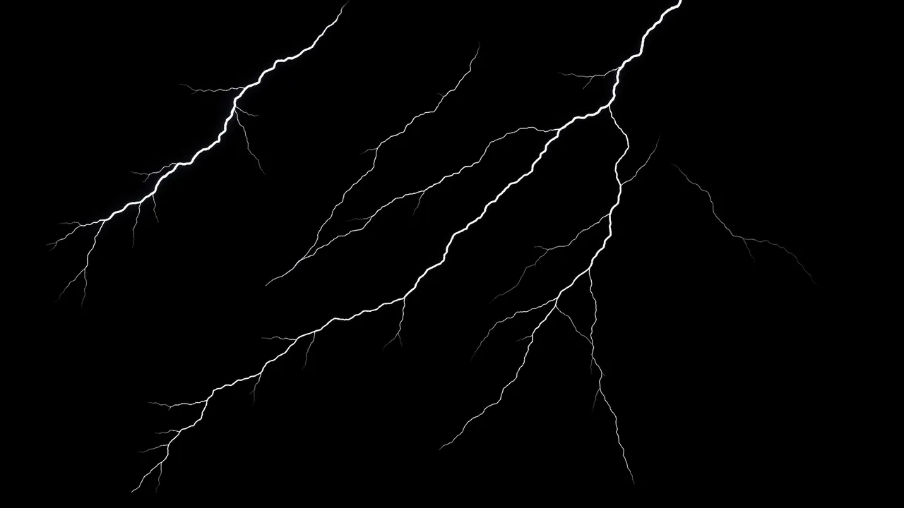 Multiple thin branching white lightning bolts of varying sizes spread across a solid pure black background