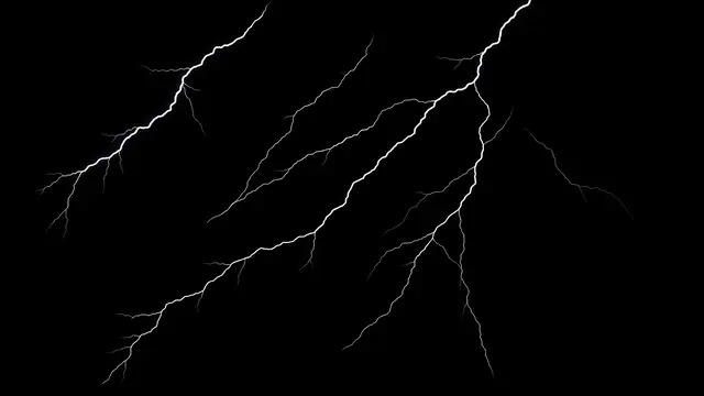 Multiple thin branching white lightning bolts of varying sizes spread across a solid pure black background