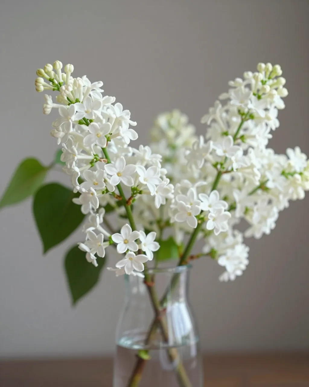 Delicate white lilac sprigs with green leaves arranged in a small clear glass vase against a neutral gray wall