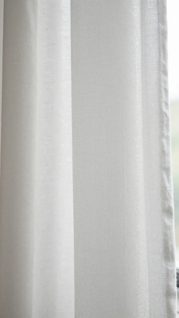 Close-up of textured white linen sheer fabric lit by soft natural window light