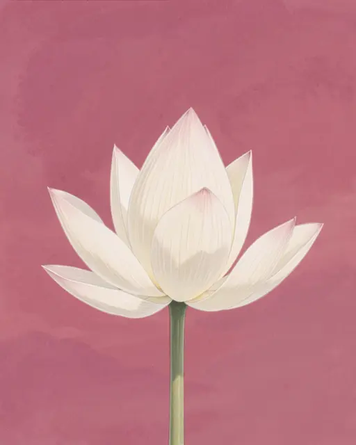 A soft pastel drawing of an opening white lotus bud against a dusky pink textured background