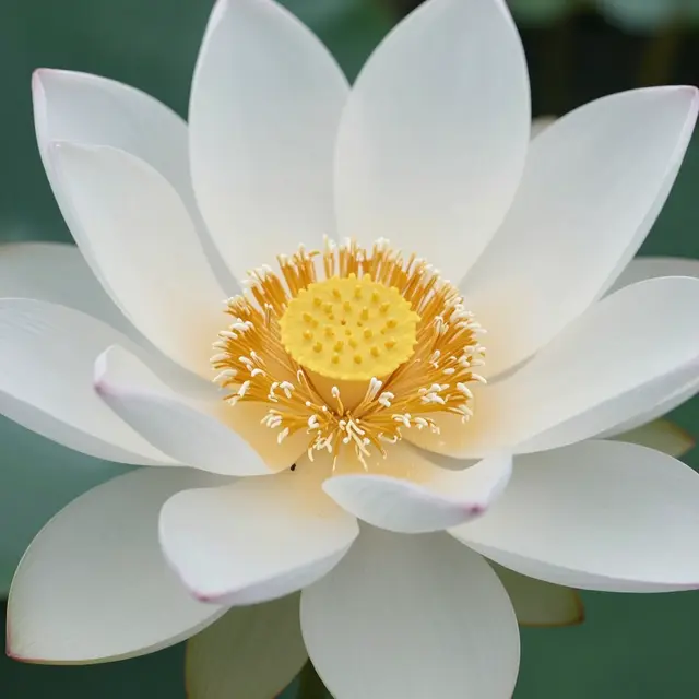 Close-up of an open white lotus flower with a bright golden-yellow center and pale pink petal tips