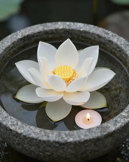 A single white lotus and small lit tealight candle float in water inside a rough stone bowl against a dark blurred background