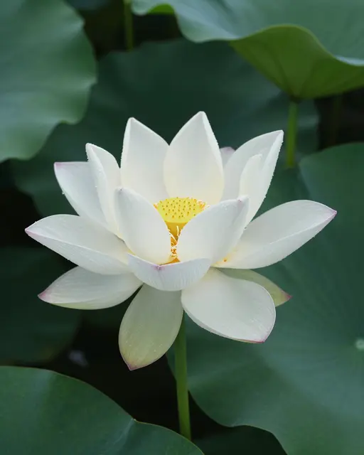 Opening white lotus flower with dew on petals, surrounded by dark green lily pad leaves on a pond