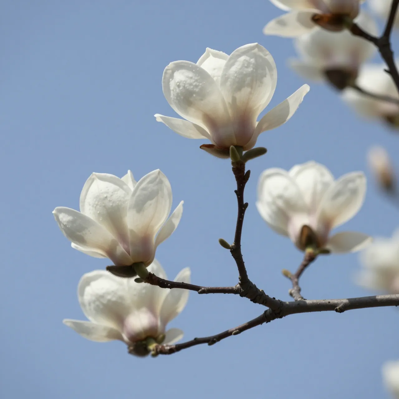 Sharp white magnolia blossoms on a branch stand against a clear soft blue sky, with out-of-focus background blooms.