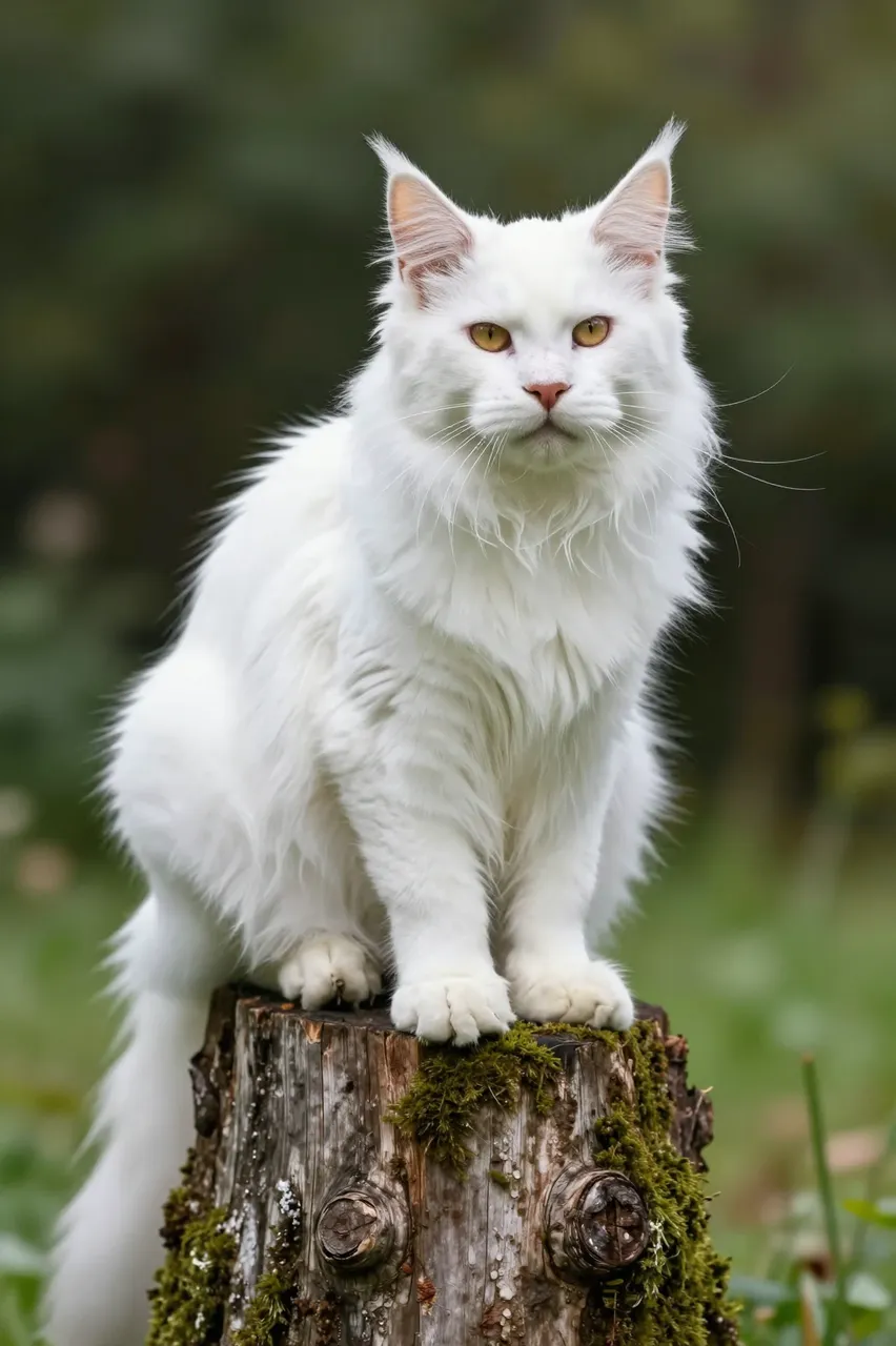 A fluffy white Maine Coon with golden eyes sits alert on a moss-covered weathered tree stump in a garden setting
