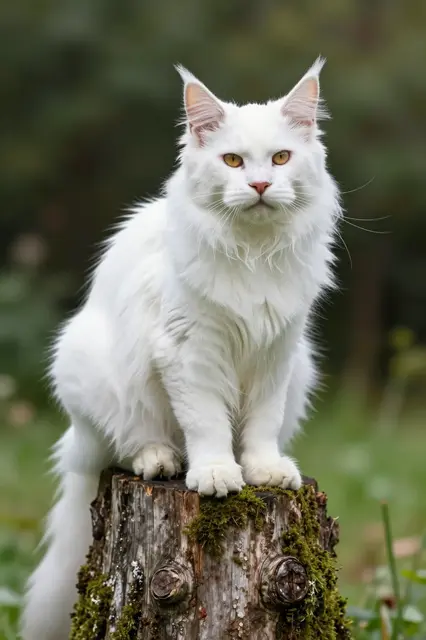 A fluffy white Maine Coon with golden eyes sits alert on a moss-covered weathered tree stump in a garden setting
