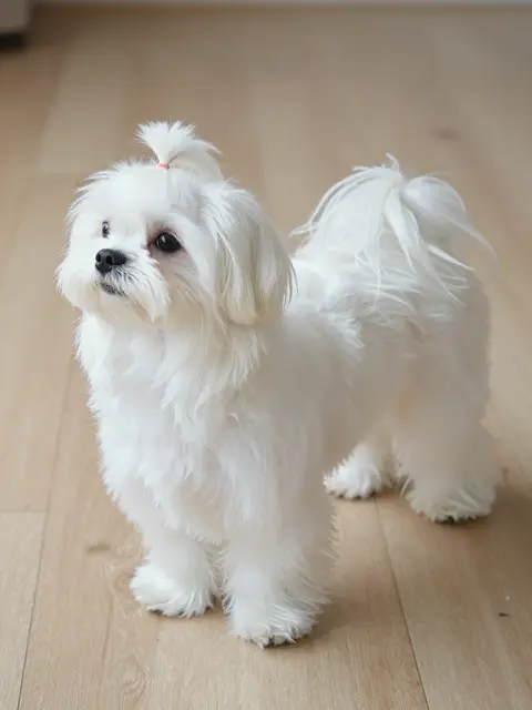 A fluffy white Maltese dog with a top knot stands on a pale wooden floor looking upward.