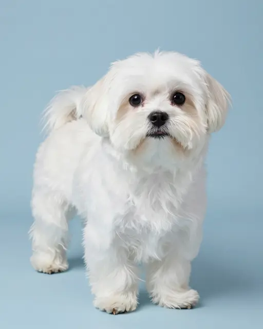 A fluffy white maltese dog stands facing the camera against a soft pale blue studio background