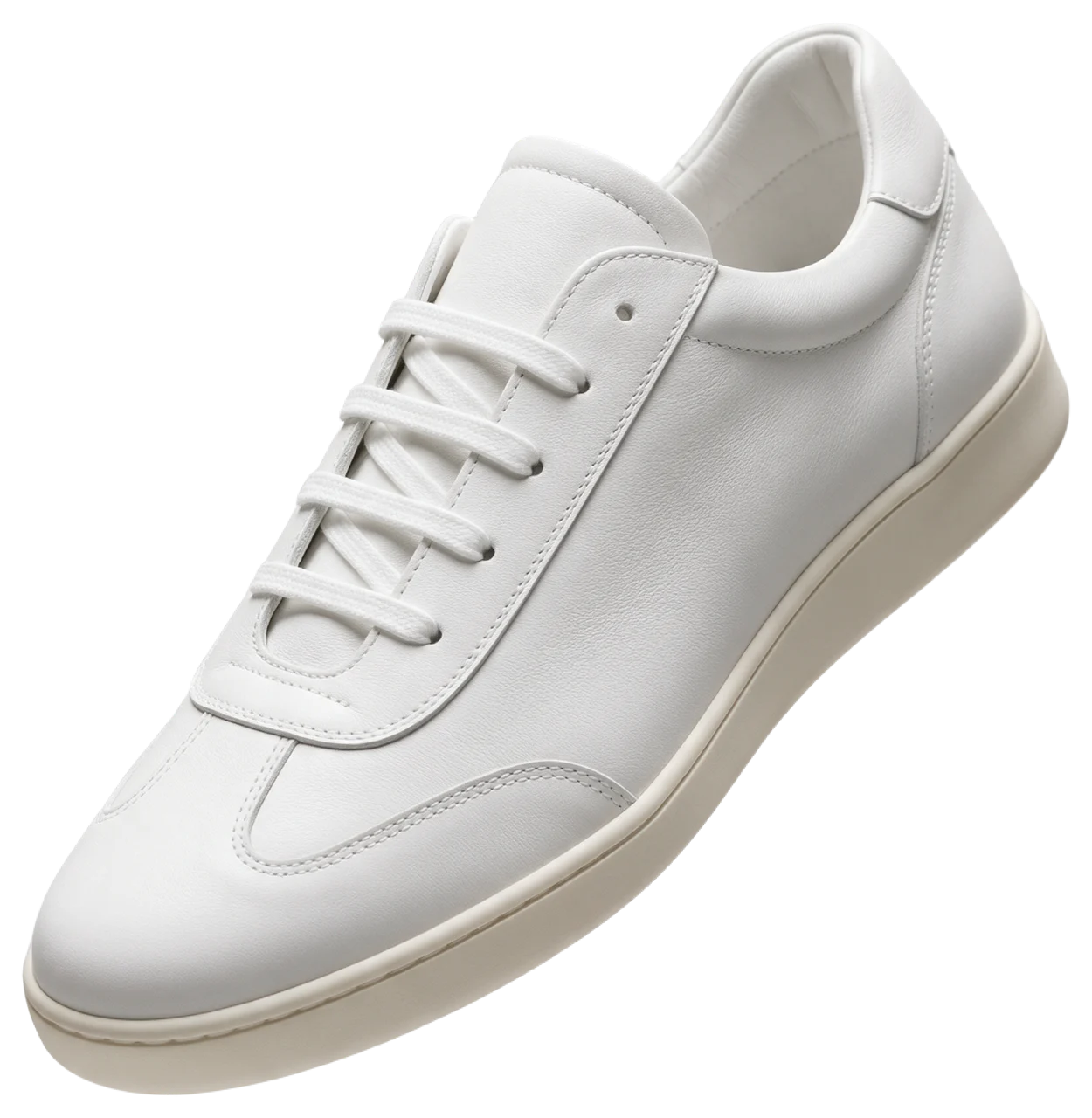 Single clean white minimalist leather sneaker with a cream sole shown in three-quarter side view