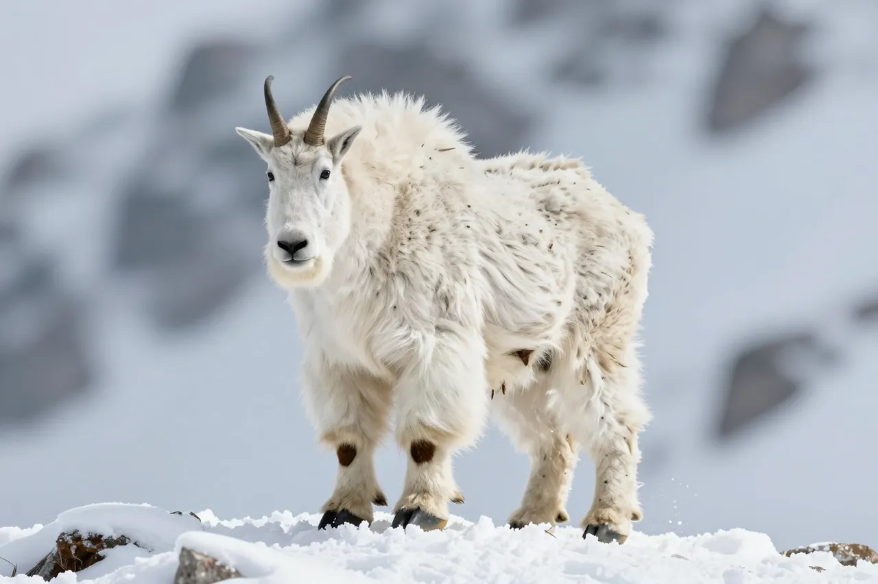 A fluffy white mountain goat stands alert on a snow-covered rocky mountain ridge