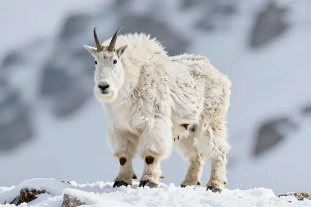 A fluffy white mountain goat stands alert on a snow-covered rocky mountain ridge