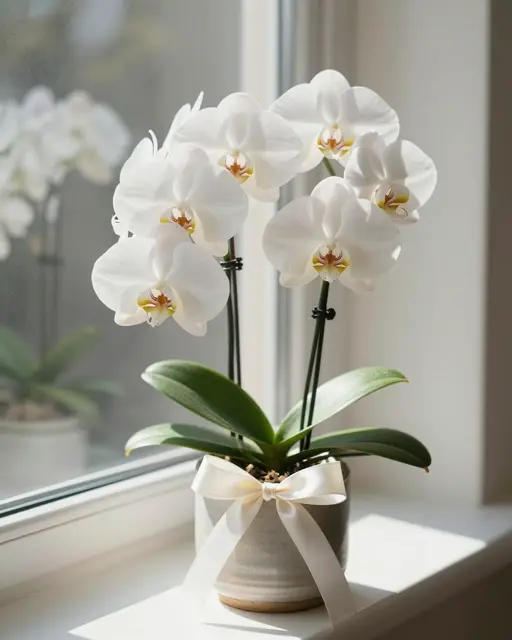 A potted white phalaenopsis orchid with a satin bow sits on a sunlit windowsill