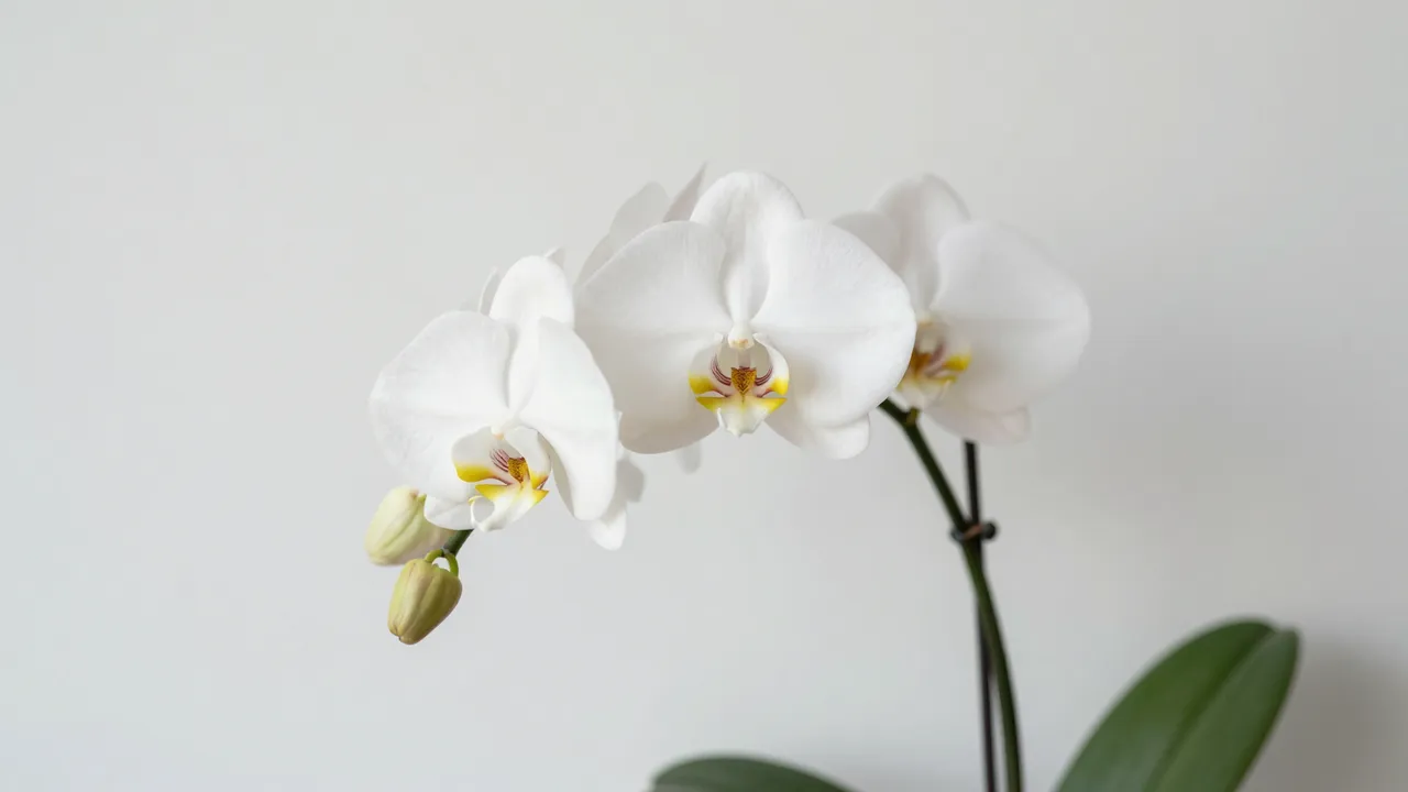 A white phalaenopsis orchid stem with open blooms and buds sits against a plain light off-white wall.
