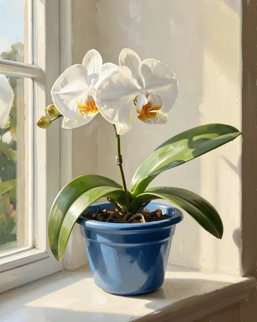 Oil painting of a blooming white moth orchid in a blue pot on a sunlit windowsill in soft morning light