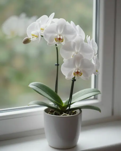 A blooming white phalaenopsis orchid in a plain ceramic pot sits on a bright indoor windowsill