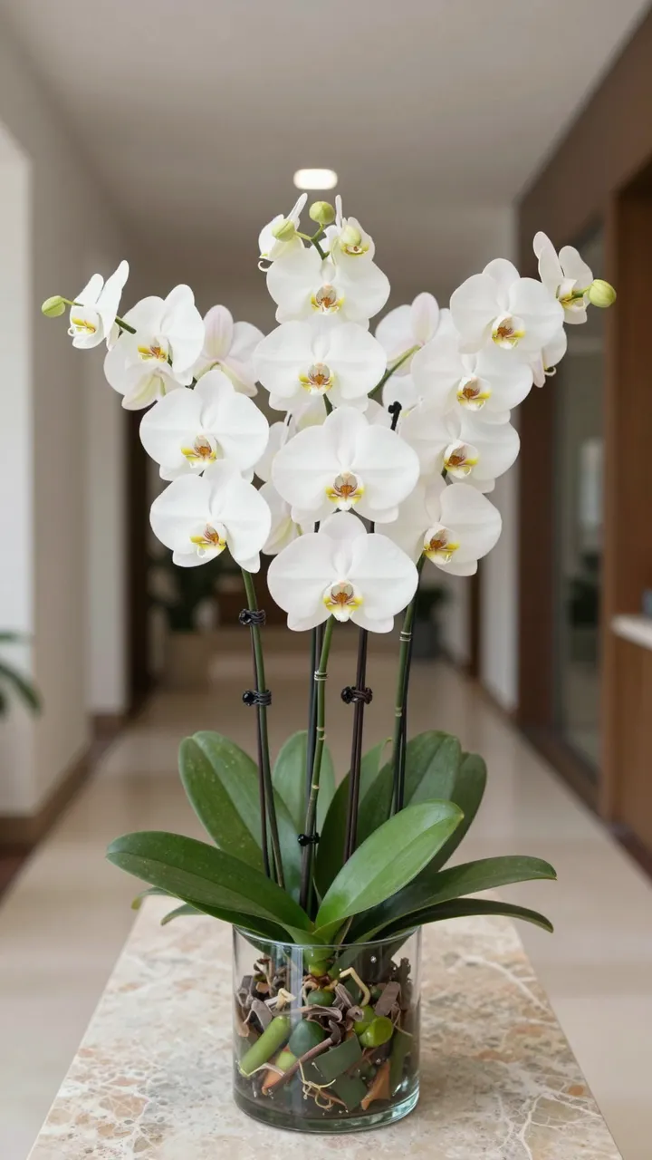 A blooming white moth orchid in a glass vase sits on a marble console table in a bright modern hallway.