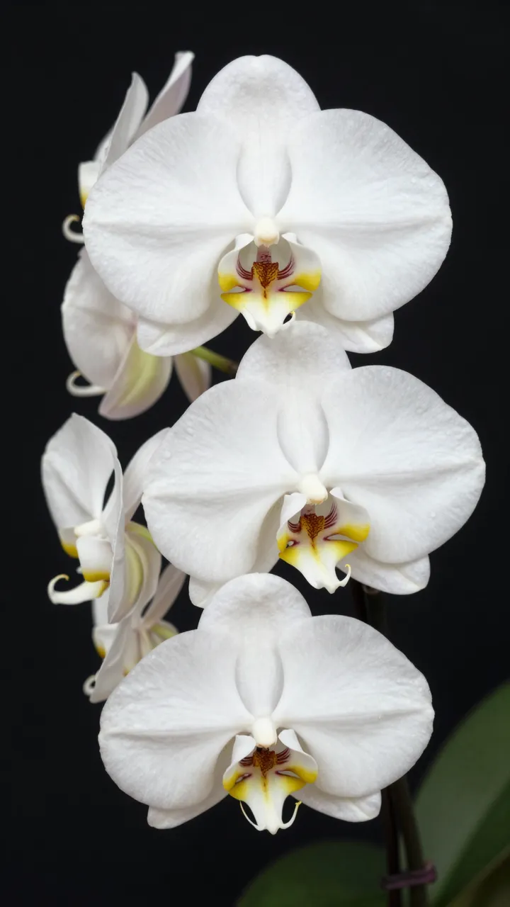 Vertical close-up of a cluster of white moth orchid flowers against a solid black background