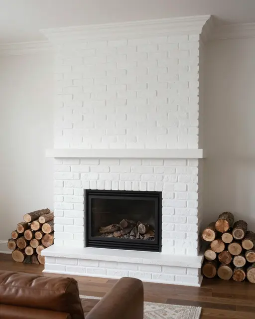 Floor-to-ceiling white painted brick fireplace with stacked firewood flanking it and a partial leather sofa in the foreground