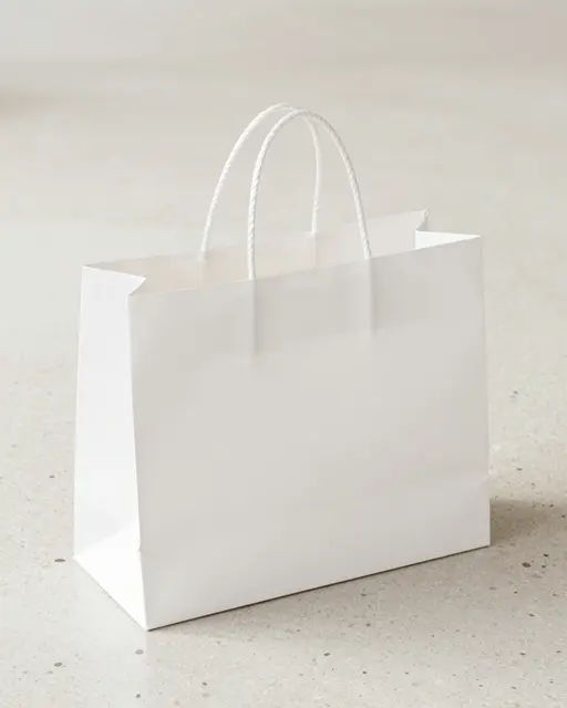 Plain white paper shopping bag with rope handles rests on a light terrazzo floor