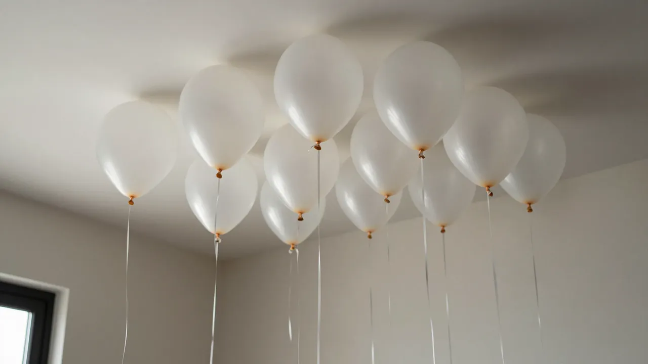 Pale white helium balloons rest against a plain living room ceiling with hanging thin ribbons