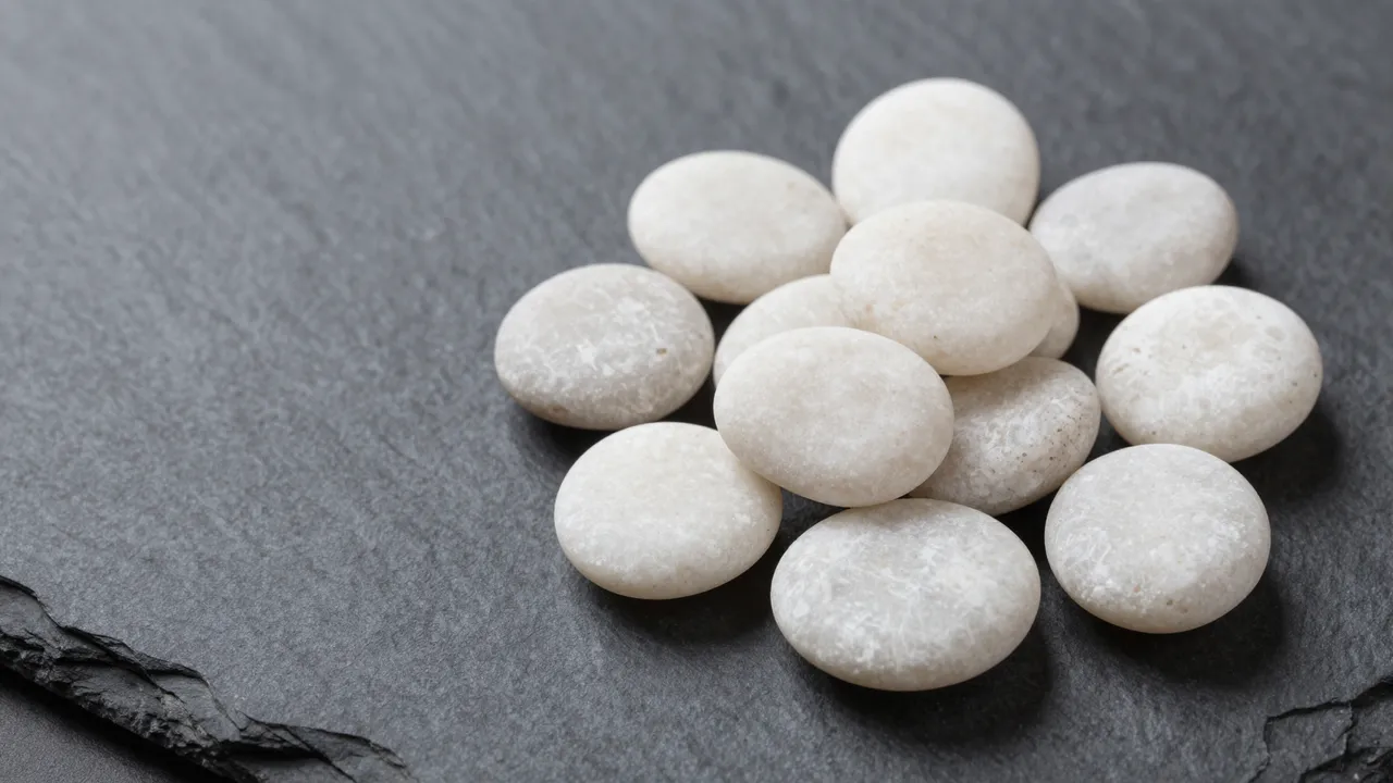 Cluster of smooth white pebbles sits on the right of a dark charcoal slate surface with empty copy space on the left.