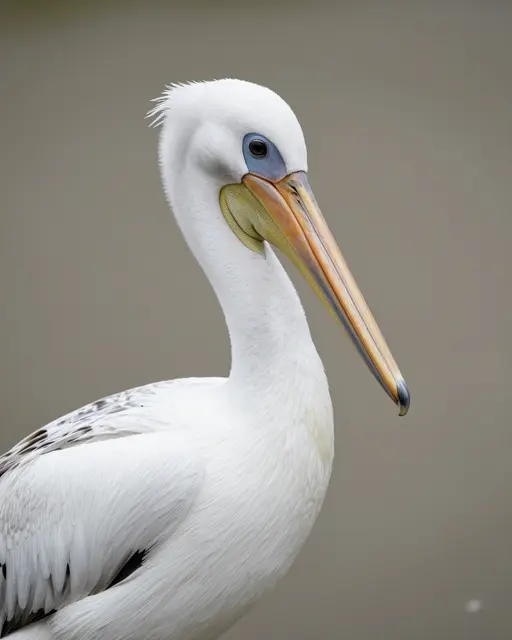 Close-up portrait of a white pelican with a long pouched bill against a soft blurred neutral background