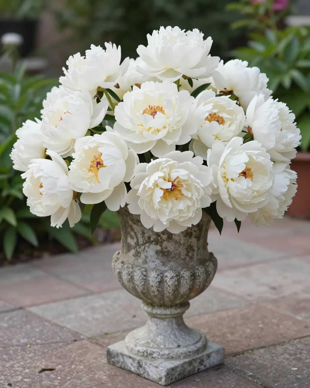 Lush bouquet of full white peonies spilling from a weathered stone urn on a garden terrace