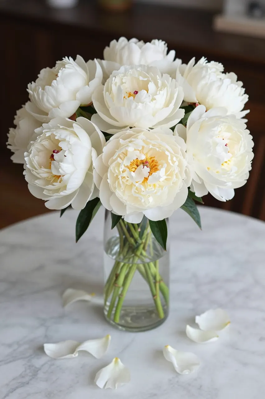 Fully open white peonies in a clear glass vase with scattered petals on a marble table.