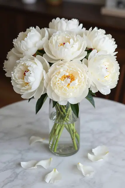 Fully open white peonies in a clear glass vase with scattered petals on a marble table.